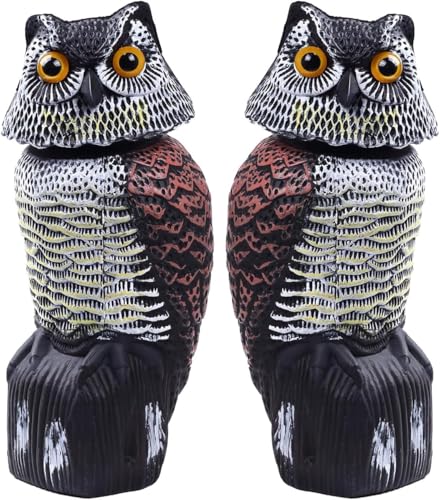 2 Pack Large Owls Decoy Bird Deterrent with Rotating Head Nature Enemy Scarecrow Plastic Statues, Pigeon Deterrent Outdoor Yard, Halloween Decor,Garden Protectors