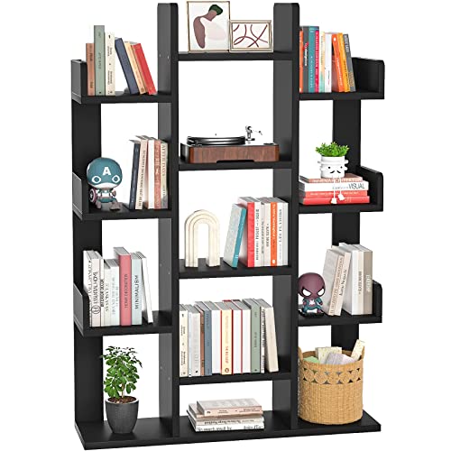 Aheaplus Bookshelf, Tree-Shaped Bookcase Storage Shelf With 13 Compartments, Books Organizer Display Cube Shelves, Industrial Free Floor Standing Wood Open Bookshelves, Black #TOP9