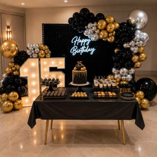 Image of Blue Orchards Black Plastic Table Cover (Pack of 3 with 20 Glue dots) - 54 inch x 108 inch - Black Waterproof & Disposable Tablecloth, Elegant Party Decoration for Graduation, Birthday Party Supplies