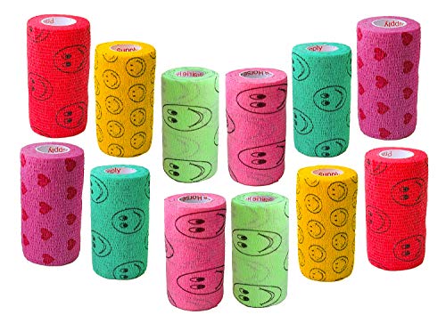 Image of 4 Inch Vet Wrap Tape Bulk (Smile Pattern in Yellow, Red, Teal, Neon Green, Neon Pink and Pink with Red Heart Pattern) (Pack of 24) Self Adhesive Adherent Adhering Flex Bandage Grip Roll Dog Cat