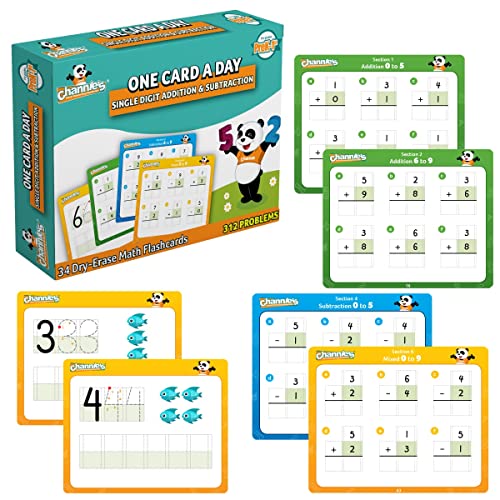 Channie’s One Card a Day Single Digit Addition and Subtraction Flash Cards, 34 Dry Erase Pre K - 1st Grade Math Flashcards for Kids, 312 Problems, Fun & Easy to Follow