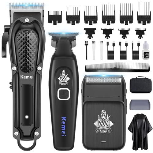 KEMEI Tondeuse à cheveux professionnelle pour homme, tondeuse de barbier sans fil, ensemble de rasoir à barbe, ensemble de rasoir en aluminium, chargement USB, kit...