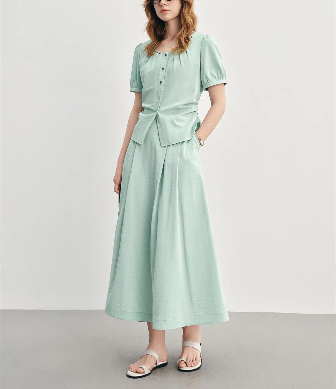 Women's Pleated Waist Short-Sleeved Shirt A-Line Skirt Commuter Two Piece Suit