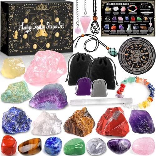NCKIHRKK Kristalle Heilsteine Set, Chakra Steine + Kristalle Natürliche, 21PCS Edelsteine Heilsteine Mineralien Steine mit Stoffbeutel, Wassersteine Set für Meditation, Kristallheilung,Energieheilung