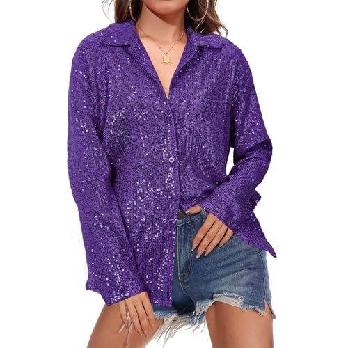 Zando Purple Blouses for Women Purple Shirt for Women Purple Long Sleeve Shirt Women Purple Button Down Shirt Women Sequin Tops for Women Sparkly Tops for Women Sequin Top Dark Purple Large