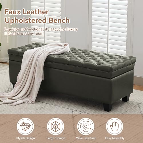 Image of WUTUTUEE 50 inch Faux Leather Storage Ottoman Bench, End of Bed Upholstered Rectangle Storage Ottoman Tufted Living Room Bedroom Bench with Safety Hinge, Solid Wood Legs, Loads 500 lb(Green)