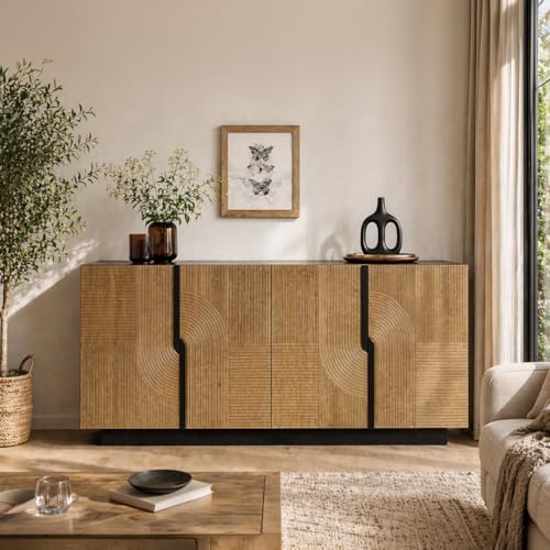 Image of The Attic Georgia Sideboard Large|Multipurpose Cabinet for Kitchen and Living Room Storage|Crockery Storage|Solid Mango Wood|Black + Natural Matte Finish
