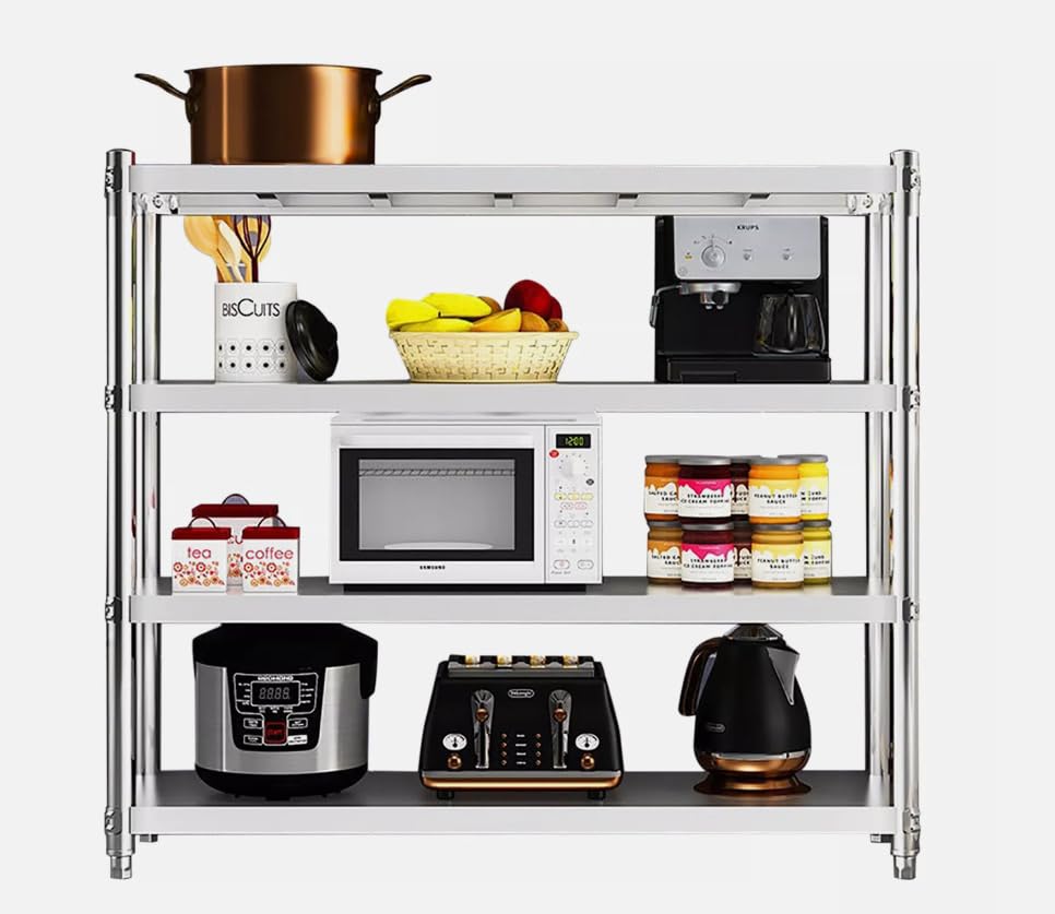 Estantería de acero inoxidable para cargas pesadas, estantería de cocina, 4 baldas, para la cafetería, al aire libre, lavandería, tienda, plateado, 120 x 40 x 150 cm