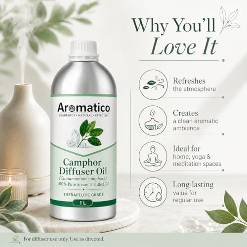 Image of Aromatico Camphor Diffuser Oil for Home Fragrance, Premium Aromatherapy Diffuser Oil, Fresh Camphor Aroma for Diffusers | Potpourri and Room Oil - 1 LTR