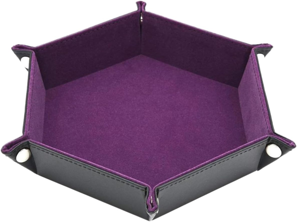 PU Leather Dice Tray Foldable with Six Snaps, Hexagonal Purple