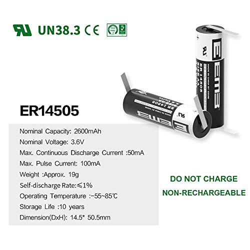 1X Eemb Er14505 Nonrechargeable 3.6V Lithium Battery With Tabs Li-Socl₂ Aa Size 2600Mah High Capacity Ul Certified Single-Use 3.6V Lithium Thionyl Chloride Battery Do Not Charge Battery #TOP1