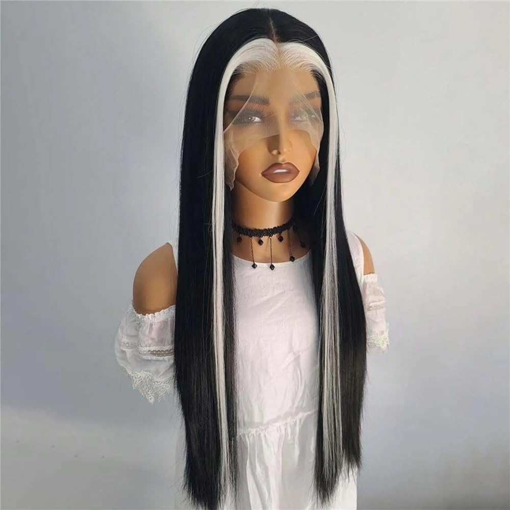 Parrucca frontale in pizzo 13×4 con meches in bianco e nero, parrucche sintetiche resistenti al calore, densità 150, senza colla, for uso quotidiano da donna(24 inch)