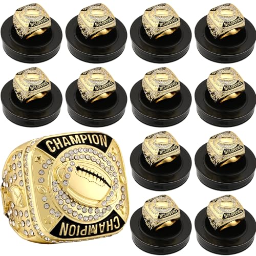 Landical 12 Pcs Gold Football Championship Rings Ball Games Championship Trophy Rings Sport Ball Award Gift with Display Neck Chain and Stand for Tournament or League Champion Winner