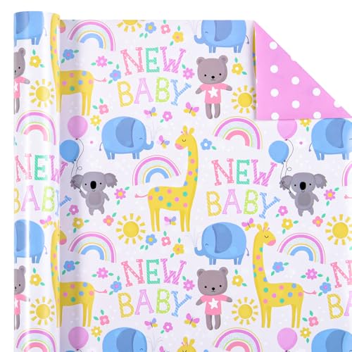WRAPAHOLIC Reversible Baby Shower Wrapping Paper Roll - Mini Roll - 17 Inch x 10 Feet - Cute Animals & New Baby Lettering Design Perfect for Baby Shower, Birthday, Party