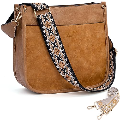 Image of HKCLUF Crossbody Bags for Women Trendy Vegan Leather Hobo Handbags With 2PCS Adjustable Guitar Strap Shoulder Bucket Bags