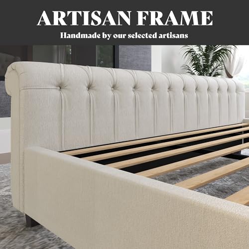 Image of AMERLIFE California King Size Platform Bed Frame, Velvet Upholstered Sleigh Bed with Scroll Wingback Headboard & Footboard /Button Tufted /No Box Spring Required /Cream