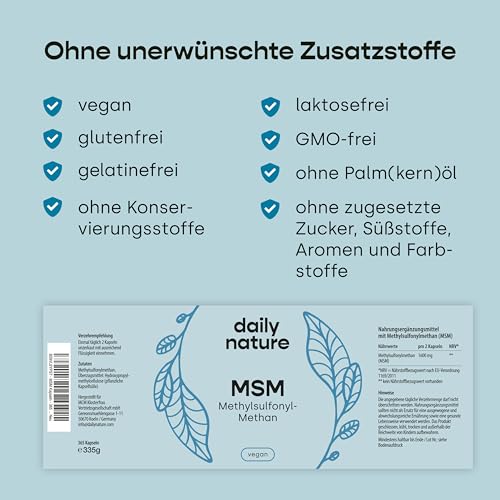 dailynature MSM Kapseln hochdosiert | 1600 mg MSM Pulver pro Tagesdosis | 365 Kapseln | Nahrungsergänzungsmittel mit Methylsulfonylmethan | vegan & ohne Zusätze | glutenfrei | laktosefrei