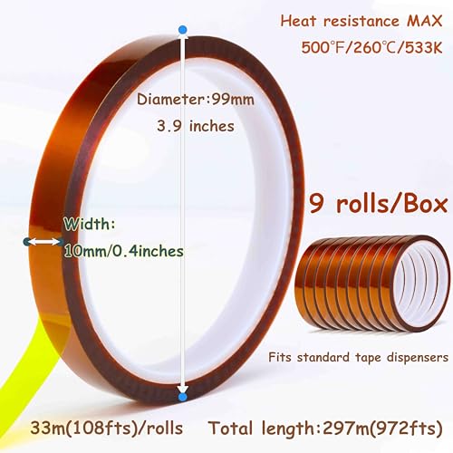Image of Valley'sYuMiao 9Rolls,10mmx108ft, Heat Tape for Sublimation, Heat Resistant Tape, Heat Transfer Tape, Polyimide Tape, No Residue, Max Temp 500℉ /260℃ /533K, Total 972fts