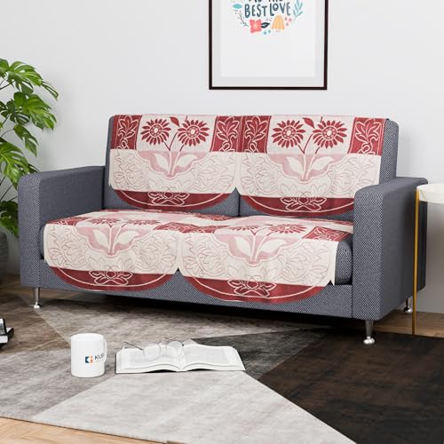 Image of Kuber Industries 2+1 Seater Sofa Set Cover | Sofa Slipcover Protector for Home Living Room, Hall & Office Couch | Flower Strips- Red & Cream