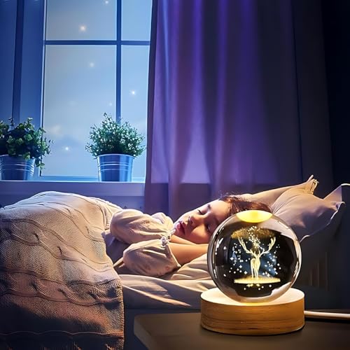 Image of 3D Crystal Ball Night Light with Wooden Base, Aesthetic Clear LED Lamp for Home and Bedroom Touch Switch, Warm Light for Kids and Teens Perfect Birthday & Anniversary (3D Deer Lamp)
