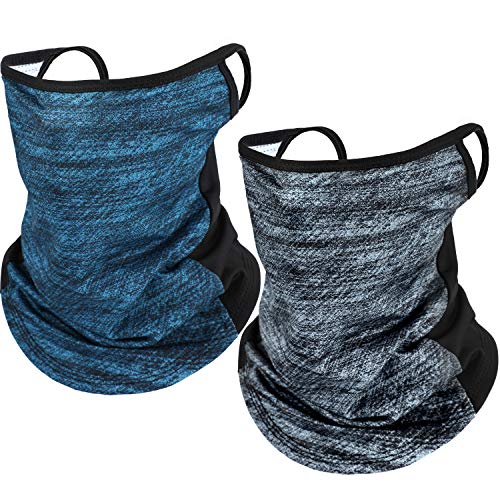 2 Pieces Neck Gaiter Ice Silk Bandana Scarf with Ear Loops UV Protection Face Cover Balaclava Headwear for Outdoors (Heather Grey, Dark Blue)