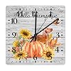 Small Wall Clock Hello Pumpkin and Dog Office Decor for Men Battery Operated Silent Non Ticking Arabic Numbers Primitive Rustic Sunflower Harvest Square Clock for Kitchen 12 Inch