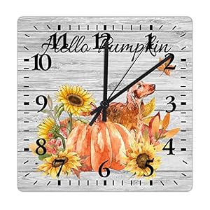 Small Wall Clock Hello Pumpkin and Dog Office Decor for Men Battery Operated Silent Non Ticking Arabic Numbers Primitive Rustic Sunflower Harvest Square Clock for Kitchen 12 Inch