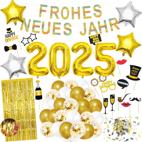 Silvester Deko 2025 XXL Dekoration Set, Frohes Neues Jahr Ballonset, Silber Gold Neujahr Deko, Silvester Party Set, Silvester Konfetti Foto Requisiten Neujahr Lametta-Vorhang