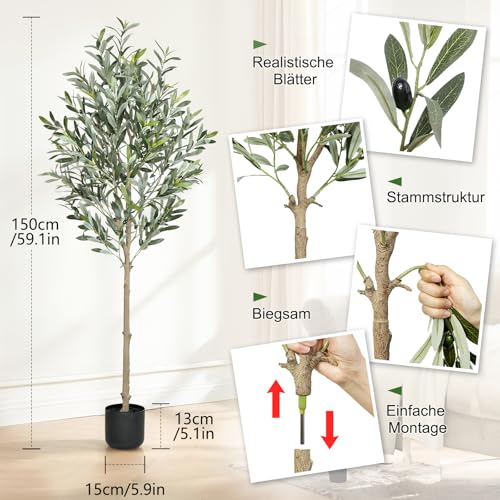 Bludrfnly Olivenbaum Künstlich 150cm - Kunstpflanzen Groß, Künstliche Pflanzen Deko, Kunstpflanze Olivenbaum im Topf für Zuhause, Wohnzimmer, Flur, Schlafzimmer, Büro, Einkaufszentrum