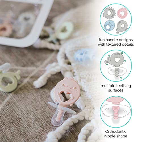 Image of ZoLi BinkiT Silicone Pacifier & Teether All in One | 2 Pack Orthodontic Pacifier and Baby Teething Accessory, Whale Handle Shape, 0-6 Months - Blush /Ash Grey