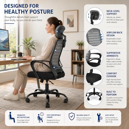 Image of HIGHLIVING Ergonomic Office Chair | Adjustable Headrest | 120 Tilt | Breathable Mesh Back | Moulded Foam Seat | Class 4 Gas Lift | Metal Base | High Back Computer Chair for Home & Office