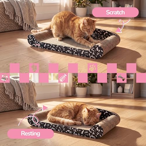 Image of Montego 27.5 inch Cardboard Cat Scratcher Lounge Bed, Corrugated Sofa Scratching Pad with Catnip, Black /White Furniture Protector for Large Cats CSR1004D