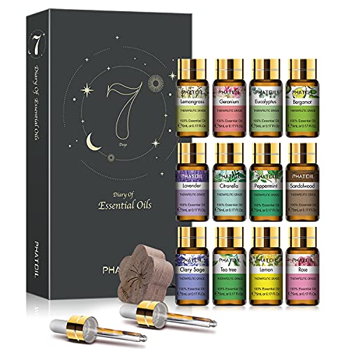 PHATOIL 12PCS Essential Oils Set with Diffused Wood and Nice Box, 5ml Essential Oils for Diffusers for Home, Gifts for Families and Friends