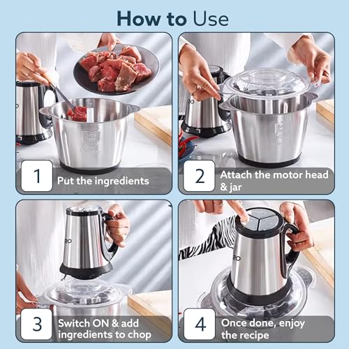 AGARO Delite Vegetable & Meat Chopper for Kitchen, Garlic Peeler, Egg Whisker, 2L Bowl, 400W Motor, 3 Speed Settings, Meat Grinder, Vegetable Mixer, Stainless Steel Body, Onion, Garlic, Fruits. 6 51+ uZOzk6L