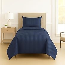 DECOR2ADMIRE 300 Thread Count Cotton Plain Stripe Single Bedsheet With 300 TC One Pillow Cover (60" X 90") (Pack Of 1) (Dark Blue)