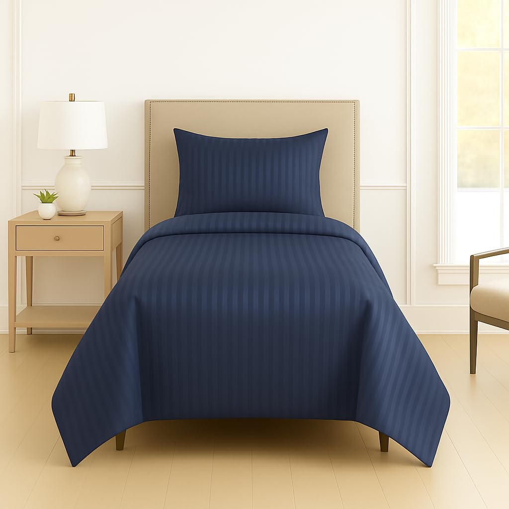 DECOR2ADMIRE 300 Thread Count Cotton Plain Stripe Single Bedsheet With 300 TC One Pillow Cover (60" X 90") (Pack Of 1) (Dark Blue)-image-2