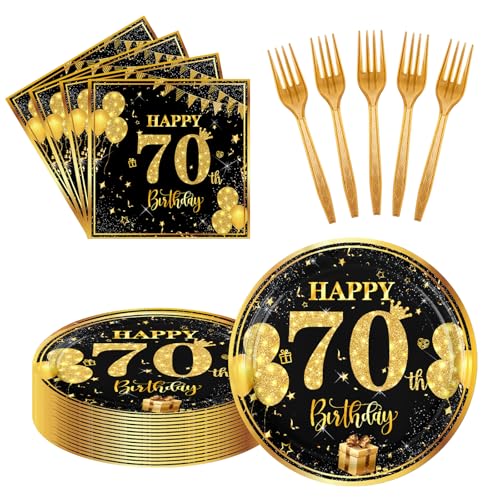 LDFDRT 70th 7 inch Birthday Party Paper Plates and Napkins Forks 60 pcs Black Gold Birthday Decorations for Boys Girls Tableware Set for Anniversary Party Supplies Serve 20