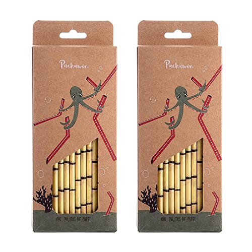 PACKAWIN | Bambus-Papierstrohhalme / 2 Packungen mit 100 Trinkhalmen aus Kraftpapier im Bambus-Stil / 100 % biologisch abbaubar und recycelbar. Verwenden Sie sie für Ihre täglichen Getränke, Säfte Cover