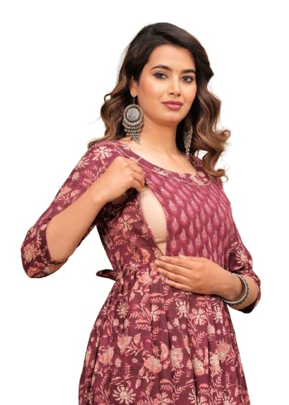 Image of Maternity Feeding Kurti for Women | Cotton Blend Anarkali Dress with Nursing Zip for Pre & Post Pregnancy