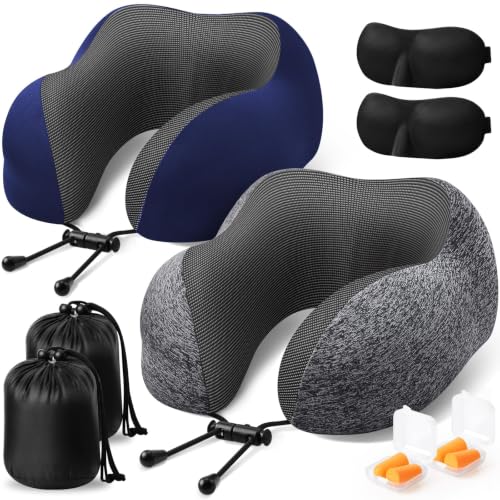 Image of ExploreBliss Travel Pillow, Neck Pillow Airplane, Grey & Blue | Travel Pillows for Airplanes, Neck Pillow Airplane, Memory Foam Neck Pillow Set with Eye Mask, Earplugs