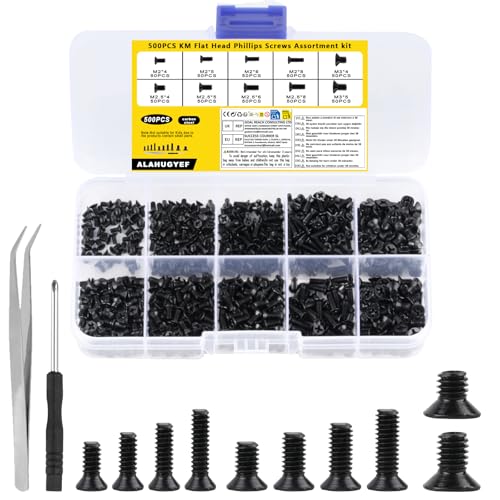 500 Stk M2 M2.5 M3 Schrauben Set, Senkkopfschrauben, Flachkopfschrauben, Maschinenschrauben Sortiment, Gewindeschrauben Set für Computer Laptop PC Reparatur