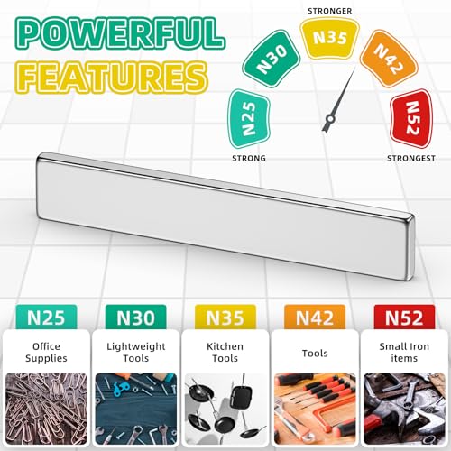 Junarter 10Pack Powerful Neodymium Bar Magnets, 60 x 10 x 3 mm Rare Earth Magnet Bar, Rectangle Magnet, Neodymium Magnets with Double Sided Adhesive Backing for Outdoor, Fridge, Whiteboard-N30