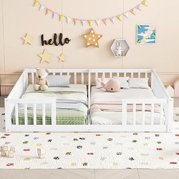 Double Twin Bed Frames for Kids, Double Montessori Floor Bed with Fence, Guardrails, Without Door, Twin Floor Beds for Boys & Girls, White