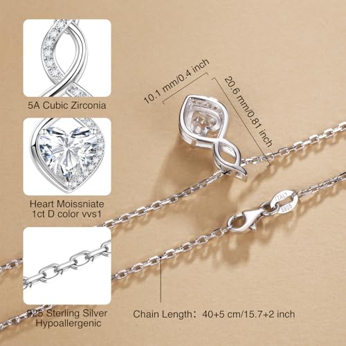 1ct/2ct Moissanite Heart Pendant Necklaces for Women, 925 Sterling Silver Imitation Diamond Moissanite Infinity Heart Necklace, Ideal Birthday Anniversary Jewelry Gifts for Mom Wife Her3