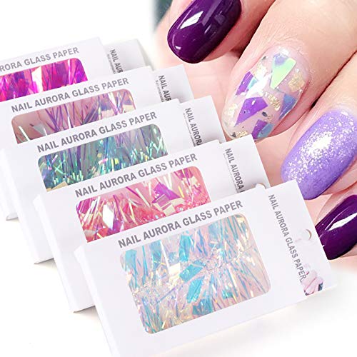 Valuu 5 Colors Gradient Aurora Glass Paper Nail Sticker Shinning Reflective Mirror Design Broken Glass Stripe Line Paper Nail Decals 3D Broken Glass Pieces Mirror Foils Nail Art Decoration