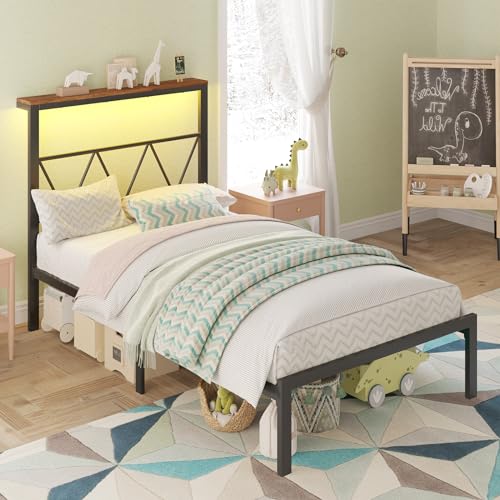 AMERLIFE Twin Metal Bed Frame with Headboard, LED Light, and Underbed Storage, Black