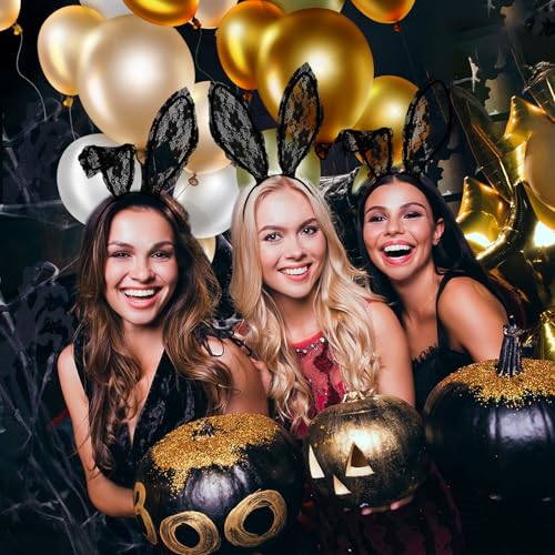 QIZHIQIAMY Hasenohren Haarreif Schwarz Spitze Halloween Hasen Ohren Haarreif Black Bunny Ears Kostüm für Erwachsene Halloween, Karneval Hasenohren Kostüm Accessoires