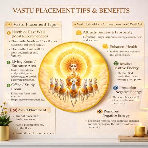 Image of 7 Running Horse Wall Art Painting With Frame For Living Room| Seven Horses Surya Dev Vastu Decor Framed Painting | Sun God Spiritual Round Wall Hanging for Home, Office & Gifting, 12 Inch