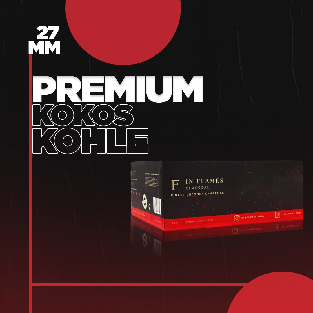In Flames Węgiel 20 kg – bardzo długi czas palenia – wysokiej jakości brykiety kokosowe 27 mm – do grilla – 27 mm kostki węgla kokosowego