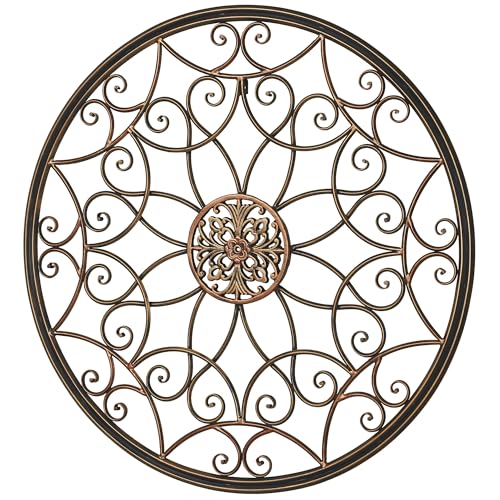 Touch of Class Layken Openwork Round Center Medallion Metal Wall Art - Bronze, Copper, Gold - Elegant Style Decor for Bedroom, Living Room - Circular Encased Decorative Scroll
